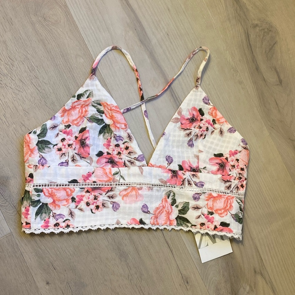 NWT! Zara Cropped White Pink Floral Crisscross Tie Back Corset Top - Size S